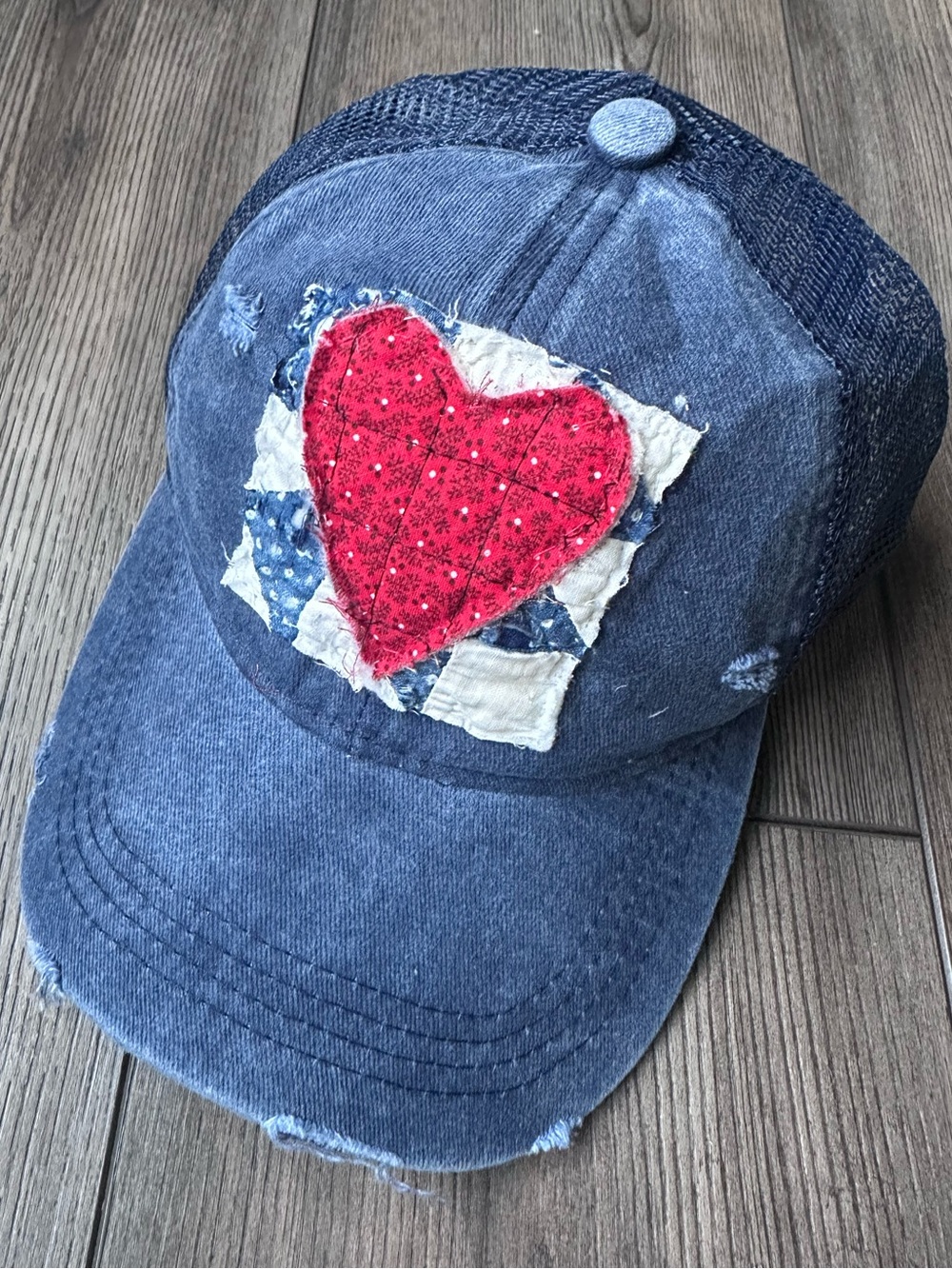 Quilted Heart Baseball Hat; Handmade Upcycled Hat; Shabby Chic Hat